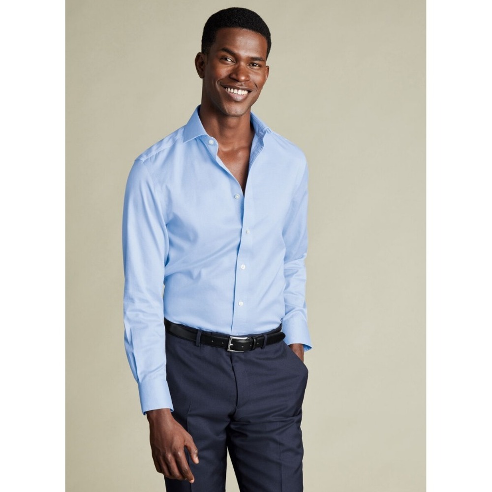 Charles Tyrwhitt Slim Fit Non-Iron Puppytooth Shirt Sky Blue 17 / 35 NWT